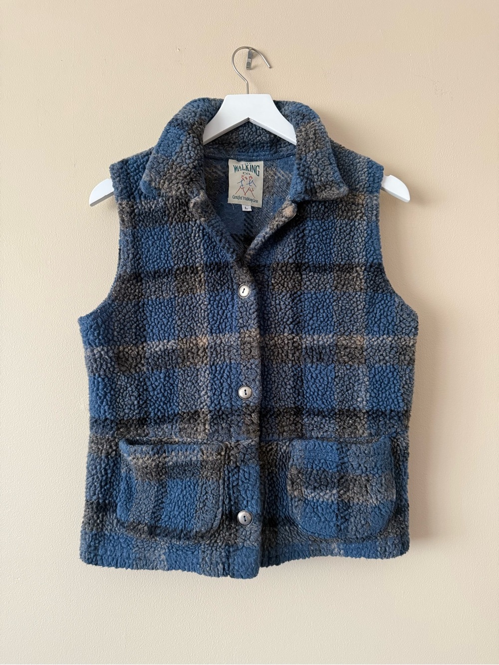 The Walking Co. Women’s Plaid Button Front Vest Blue Gray Pockets Size Large